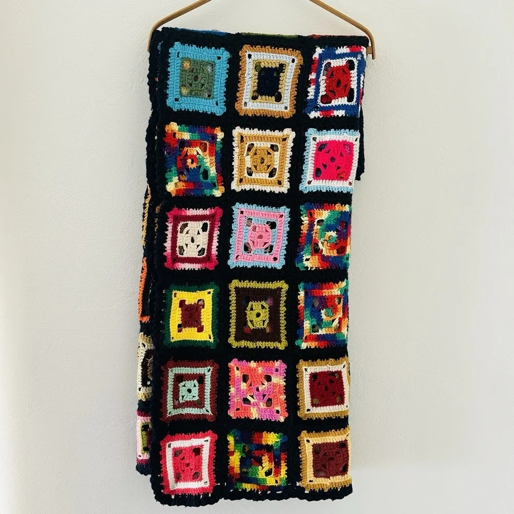 VTG Crochet Granny Square Roseanne Black Multicolor Afghan Throw Blanket 70
